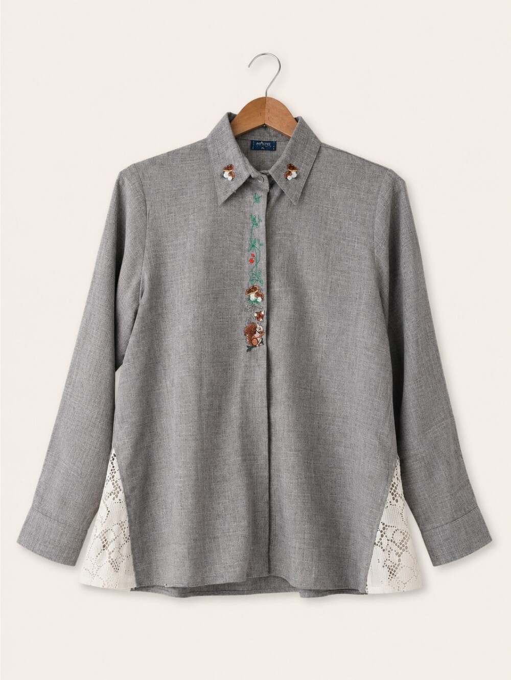 Gray Cottagecore Boho Embroidered Button-Front Women's Blouse Crochet Detail